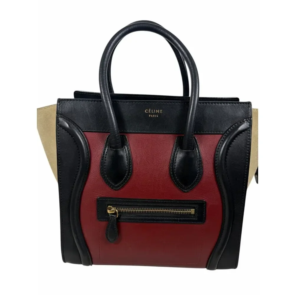 Celine Tricolor Mini Luggage Tote Bag Calf Leather Suede Rust Red Black